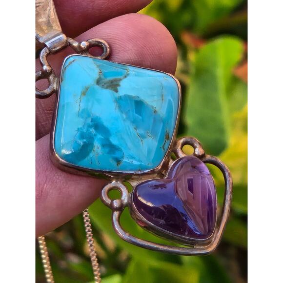 Vintage Jay King DTR Mine Finds Turquoise & Amethyst Heart Pendant Necklace 925 - Picture 10 of 10